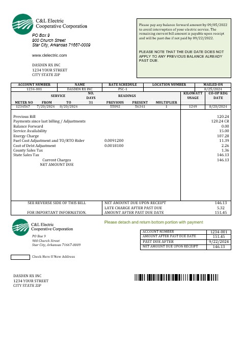 USA Arkansas C & L Electric Cooperative Corporation business utility bill template in Word and PDF formats